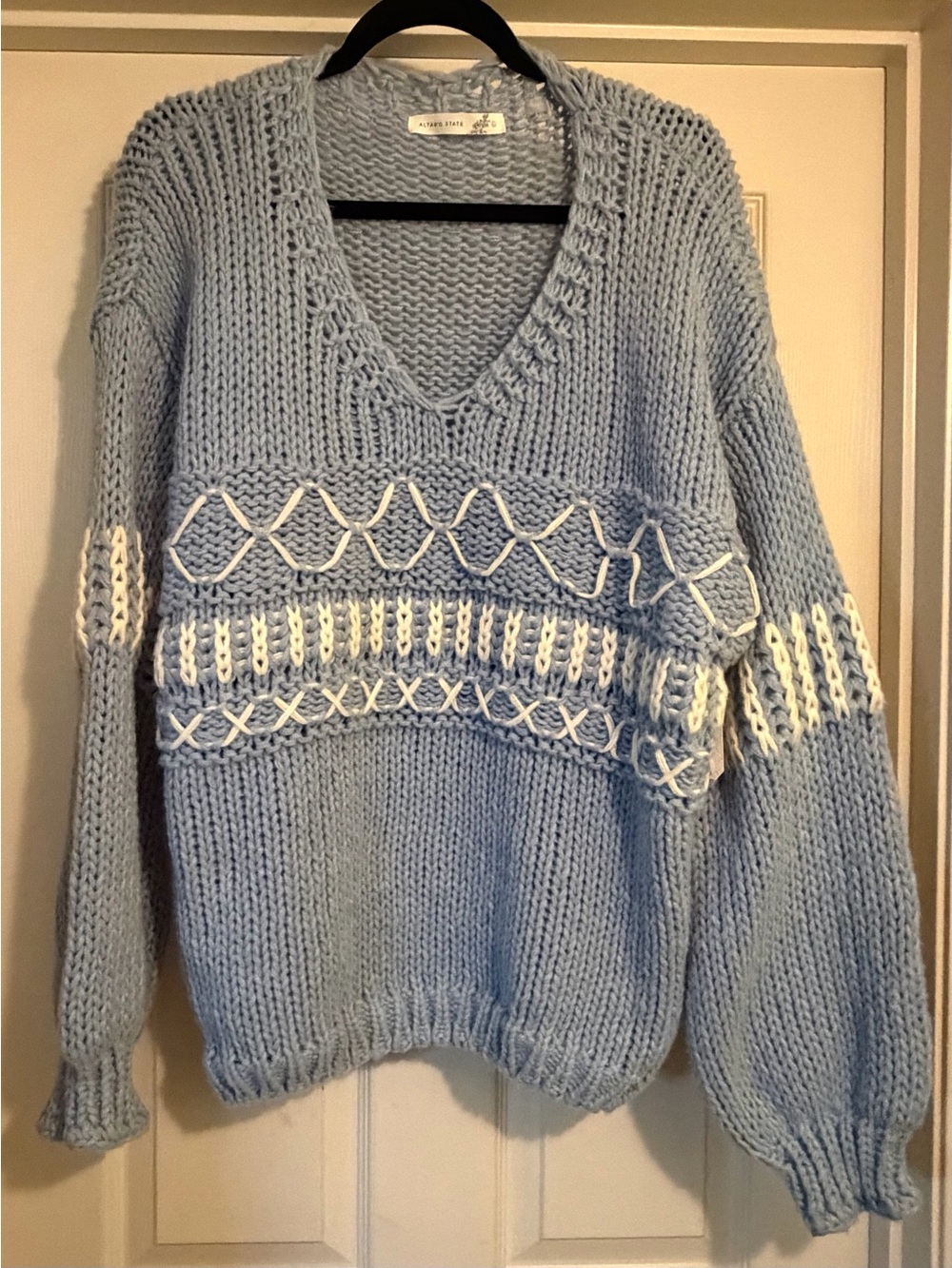 Altar’d State Soft Blue V-Neck Chunky Knit Sweater with Contrast Stitch